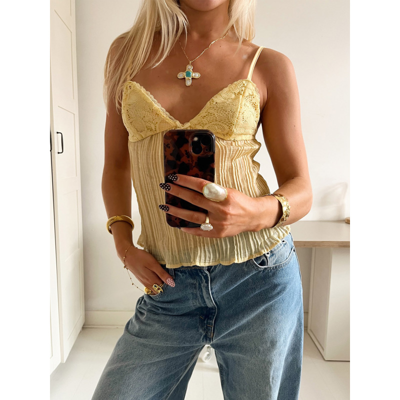 Silk Pleated Lace - Trimmed Sexy Cami Tank Top