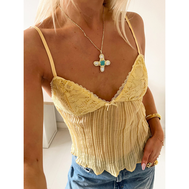 Silk Pleated Lace - Trimmed Sexy Cami Tank Top