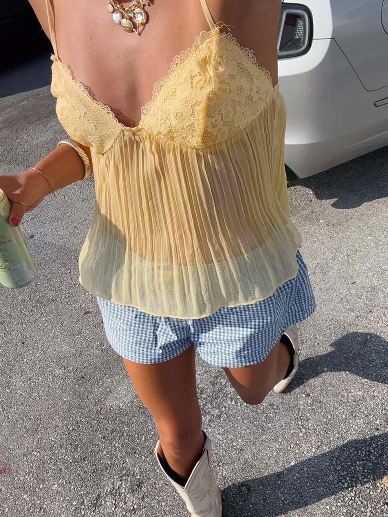 Silk Pleated Lace - Trimmed Sexy Cami Tank Top