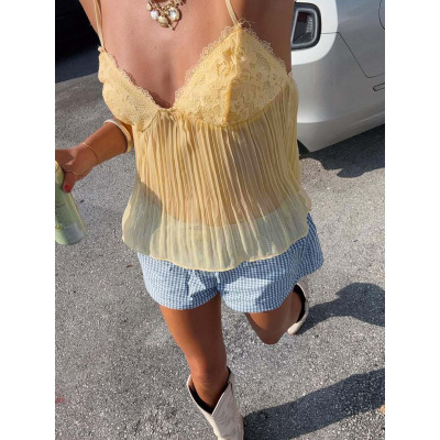 Silk Pleated Lace - Trimmed Sexy Cami Tank Top 02