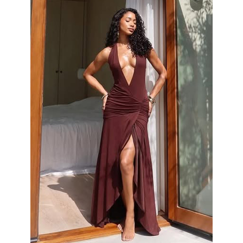 Sleeveless Hollow - out Slim Fit Long Split Halter Dress