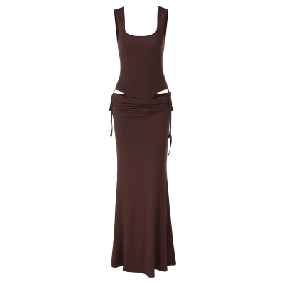 Sleeveless Jumpsuit Slim - Fit Pleated Tie - on Long Dress Set 01