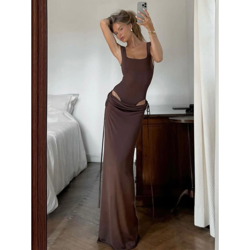 Sleeveless Jumpsuit Slim - Fit Pleated Tie - on Long Dress Set