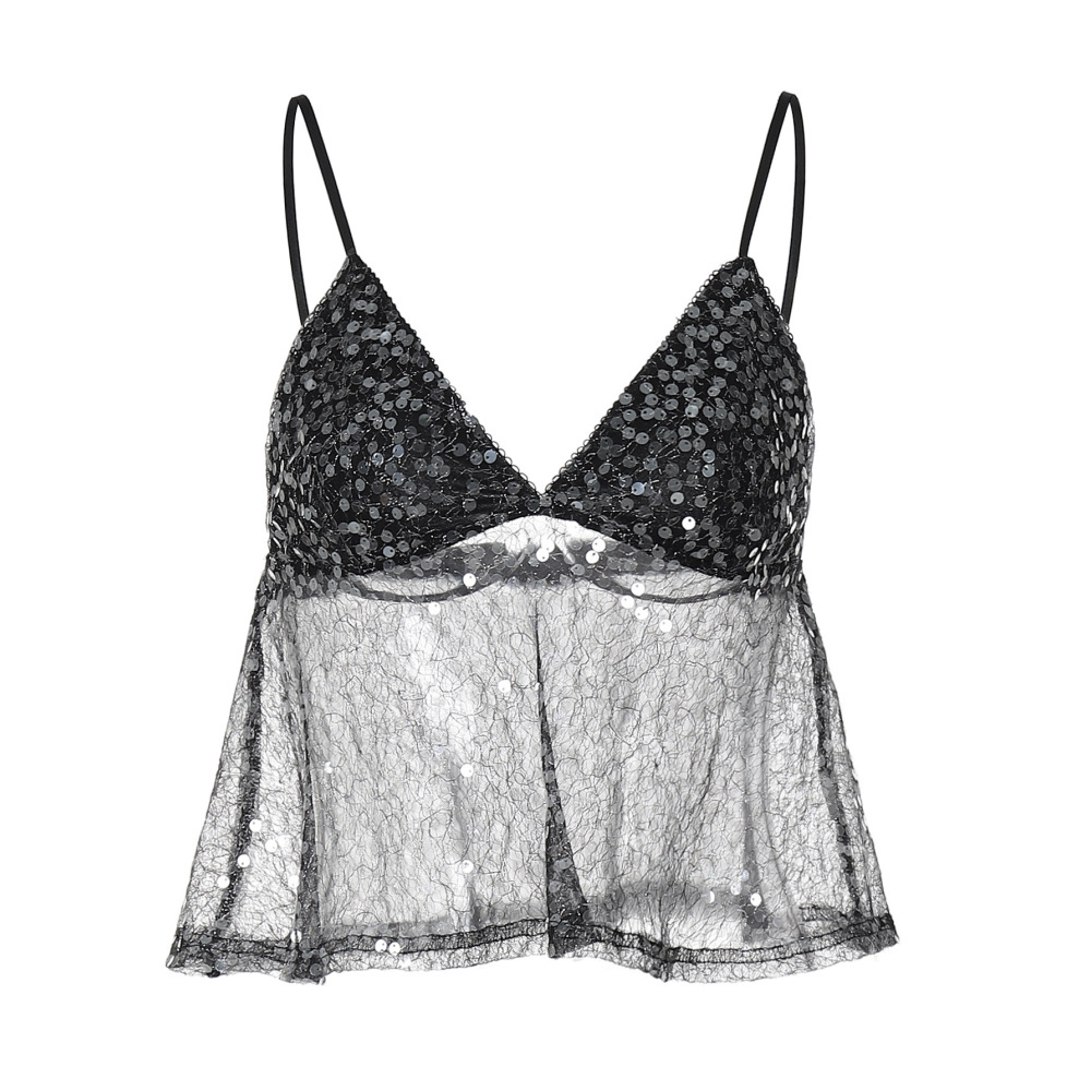 Spliced Mesh Sequin Crop Halter Top