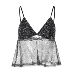 Spliced Mesh Sequin Crop Halter Top