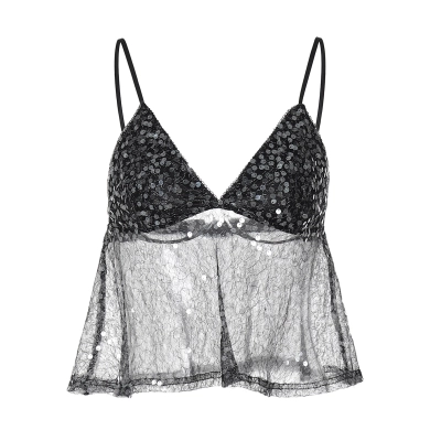 Spliced Mesh Sequin Crop Halter Top 01