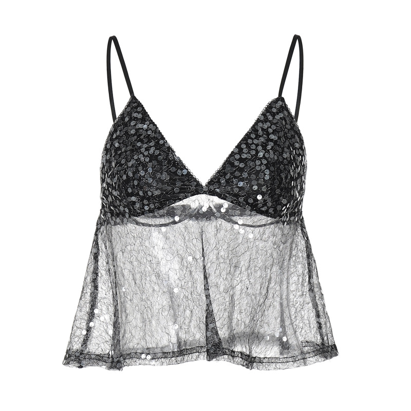 Spliced Mesh Sequin Crop Halter Top