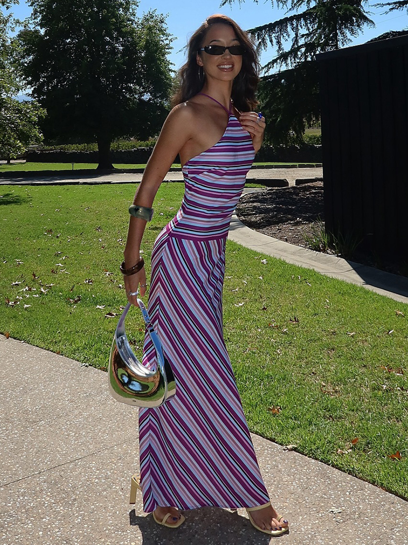 Striped Contrast Color Backless Slim Long Loose Sexy Dress