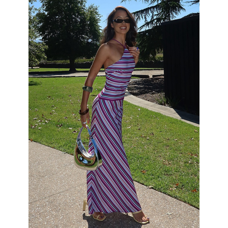 Striped Contrast Color Backless Slim Long Loose Sexy Dress