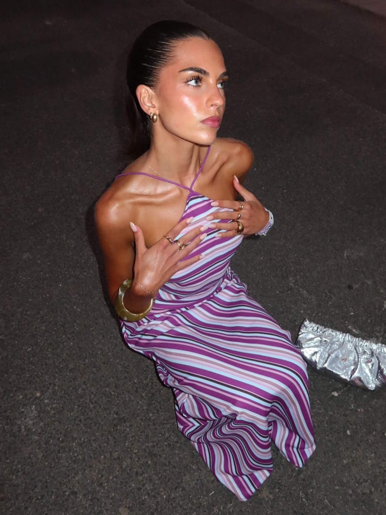 Striped Contrast Color Backless Slim Long Loose Sexy Dress