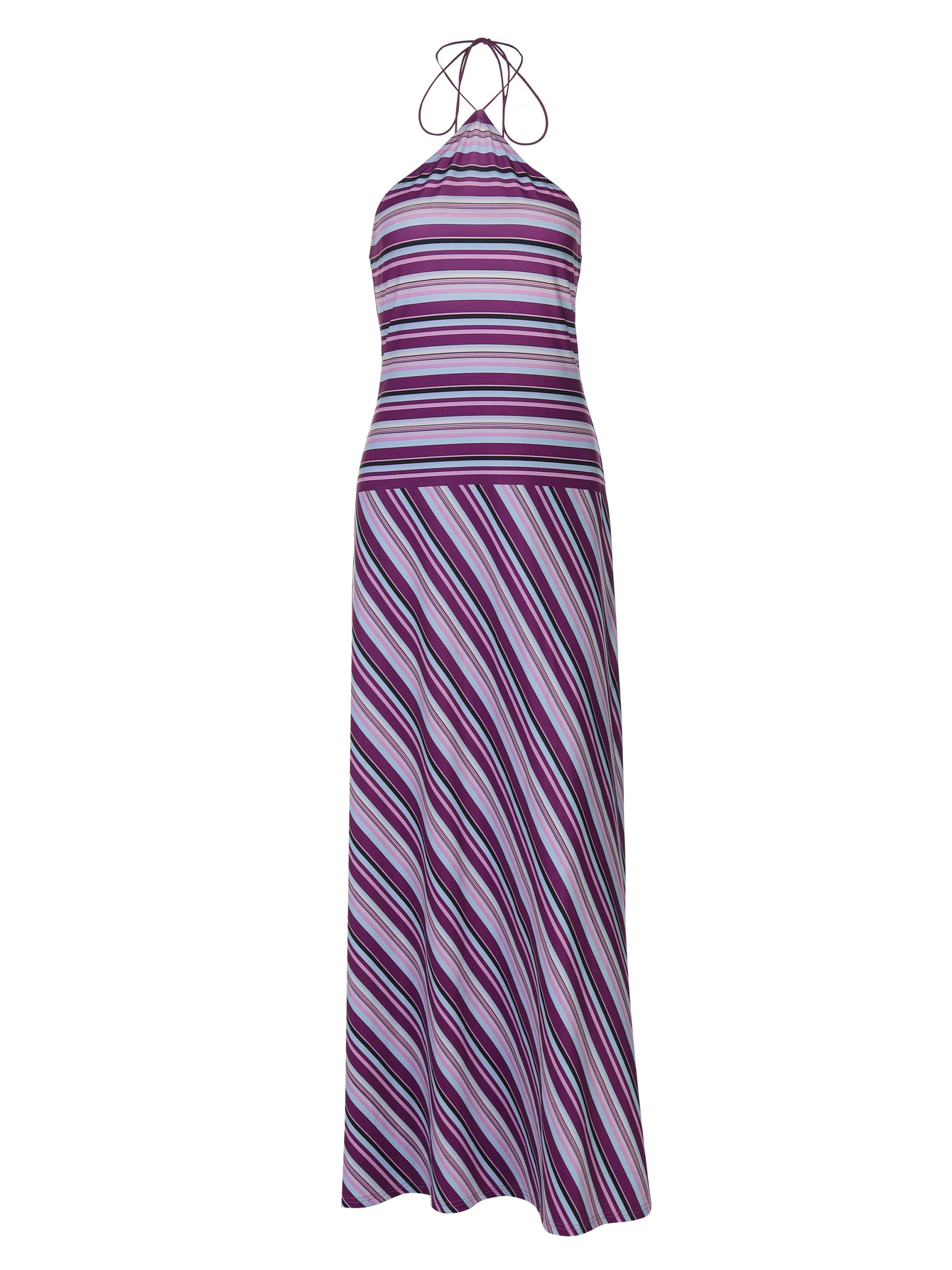 Striped Contrast Color Backless Slim Long Loose Sexy Dress