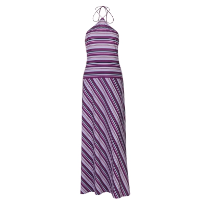 Striped Contrast Color Backless Slim Long Loose Sexy Dress 01