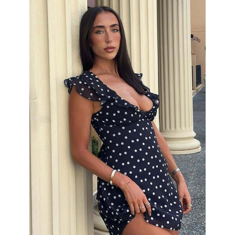 Polka - Dot V - neck Chiffon Short Sexy Dress