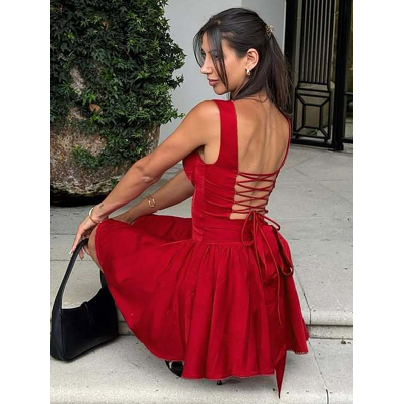 Strappy Boned Waist - cinched Solid - color Short Sleeveless Dress