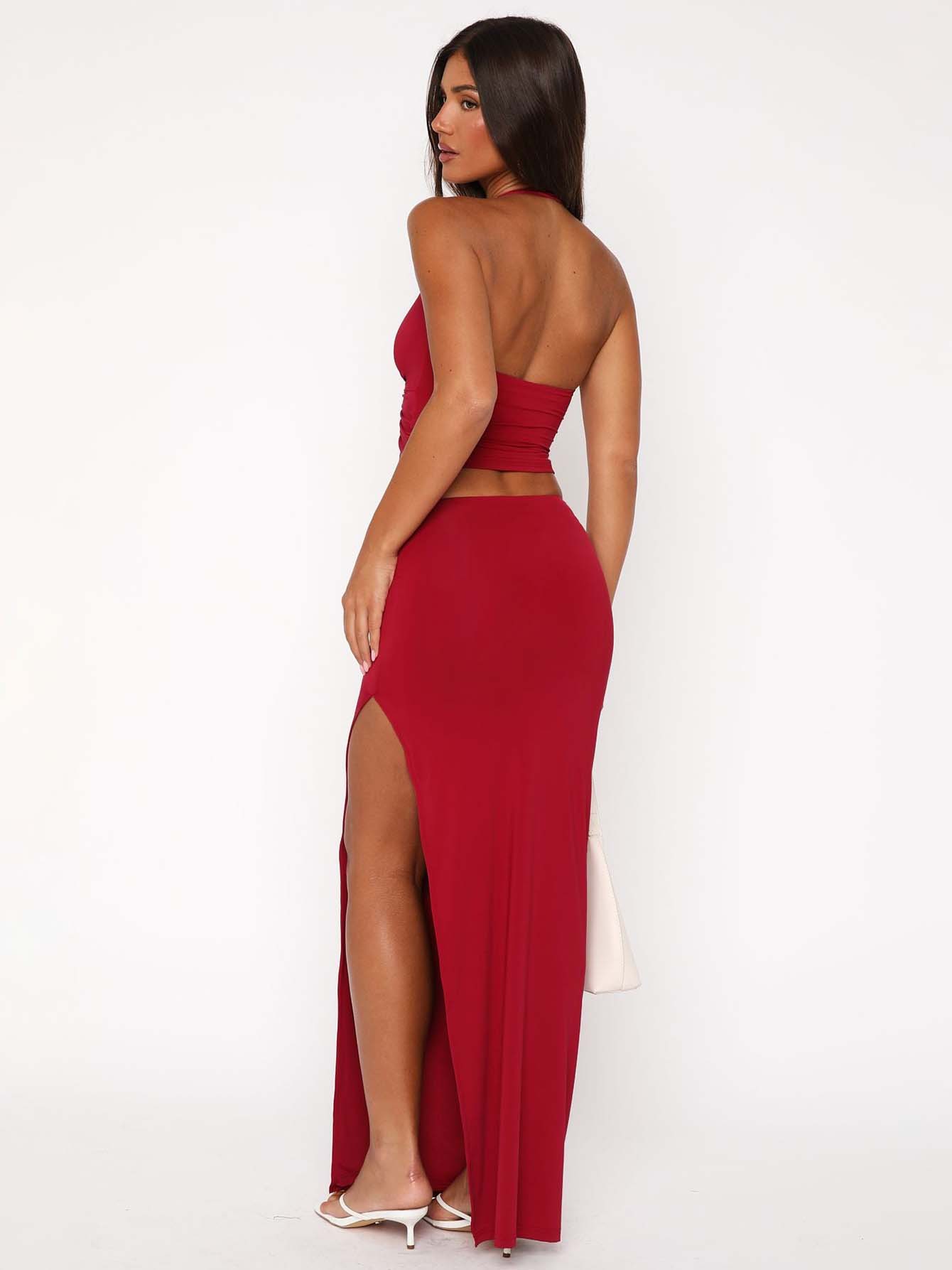 Off - the - Shoulder Crop Top & High - Waisted Split Maxi Dress Set