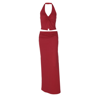 Off - the - Shoulder Crop Top & High - Waisted Split Maxi Dress Set 01