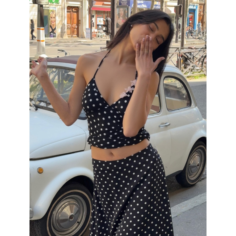 See - Through Backless Polka - Dot Spliced Cami Tank Top