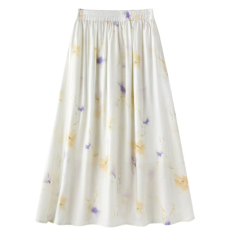 Pleated Floral Midi Skirt with Flowing Drape