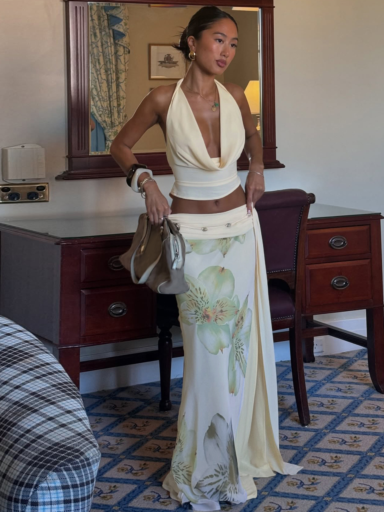 Bodycon Sheer Mesh Floral Print Split - hem Dress Set