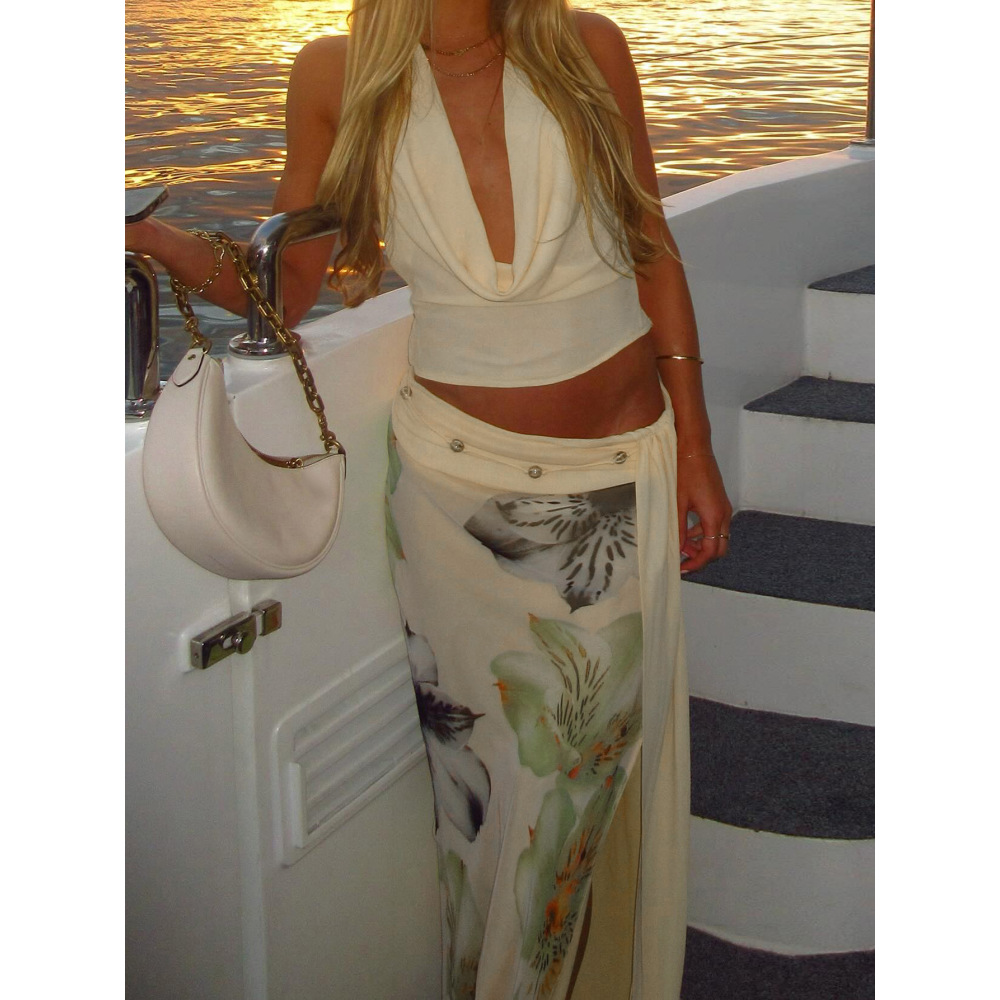 Bodycon Sheer Mesh Floral Print Split - hem Dress Set