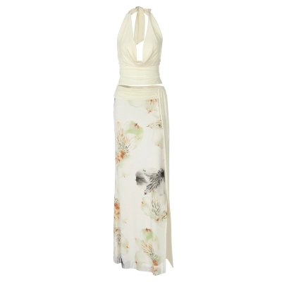 Bodycon Sheer Mesh Floral Print Split - hem Dress Set 01