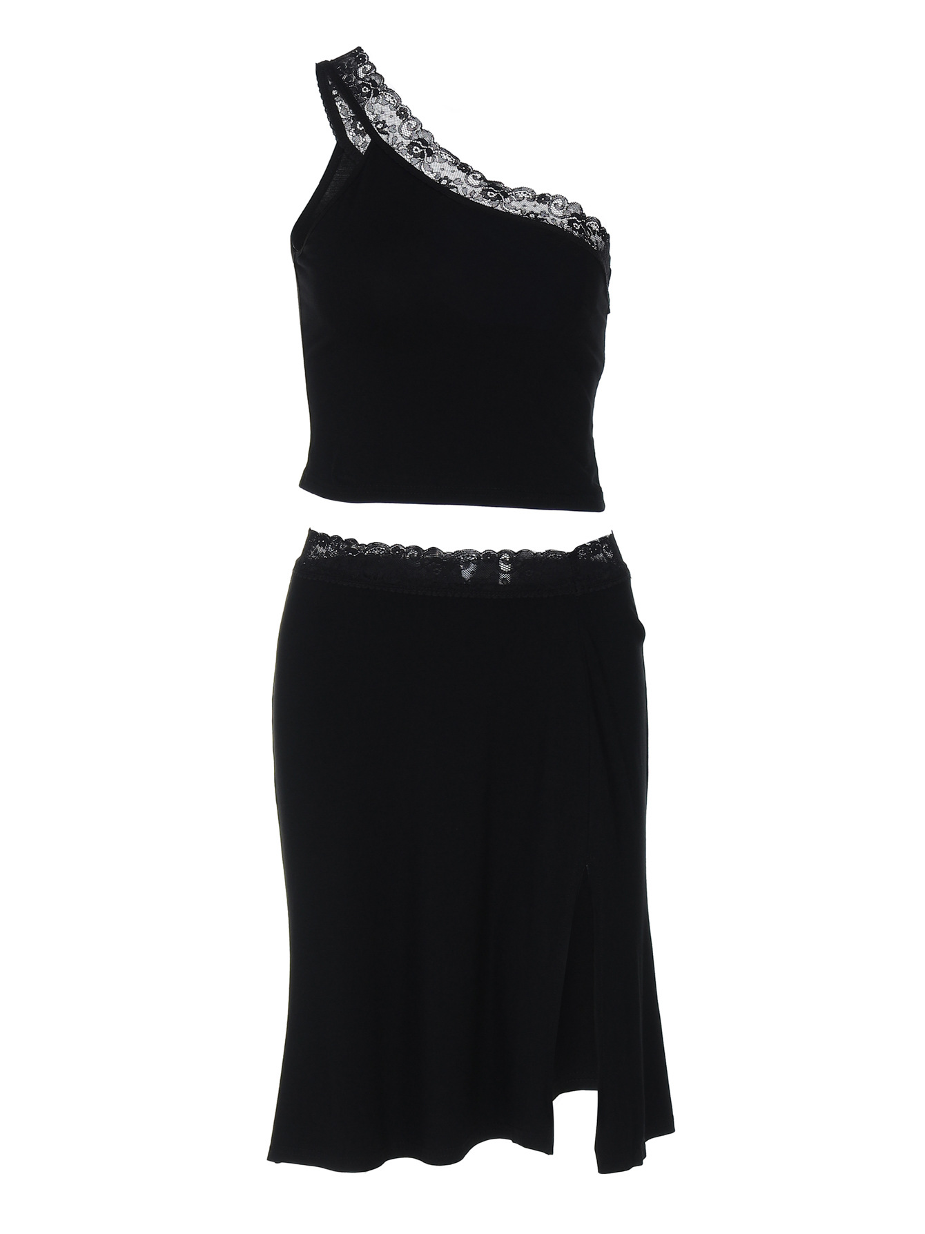 Off - the - Shoulder Lace - Trimmed Bodysuit & Split Skirt Set