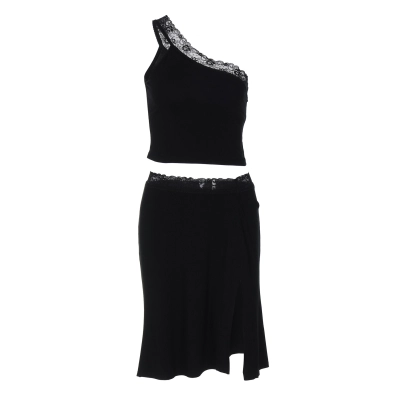 Off - the - Shoulder Lace - Trimmed Bodysuit & Split Skirt Set 01