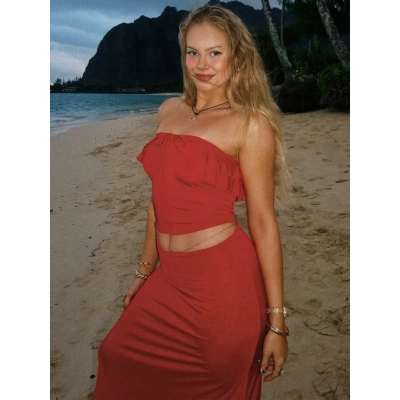 Tied - up Cami Solid - color Long Slim Beach Dress Set  02