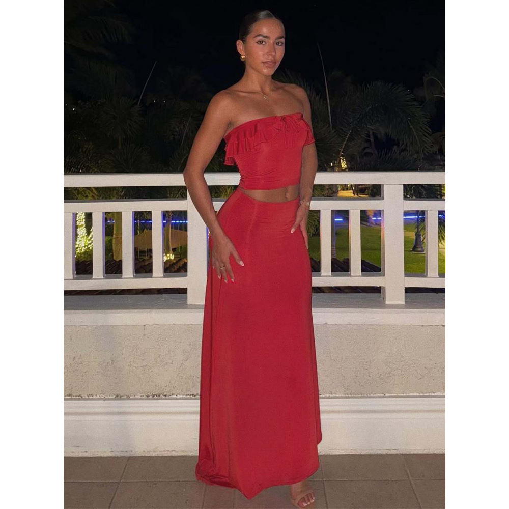 Tied - up Cami Solid - color Long Slim Beach Dress Set 