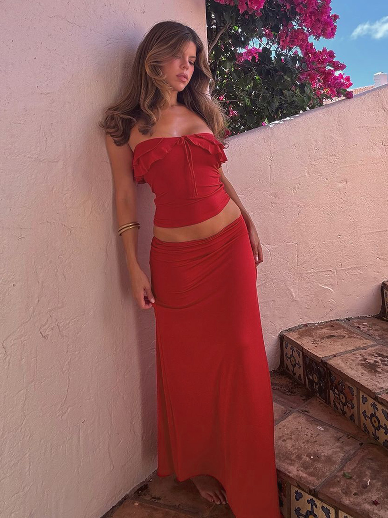 Tied - up Cami Solid - color Long Slim Beach Dress Set 