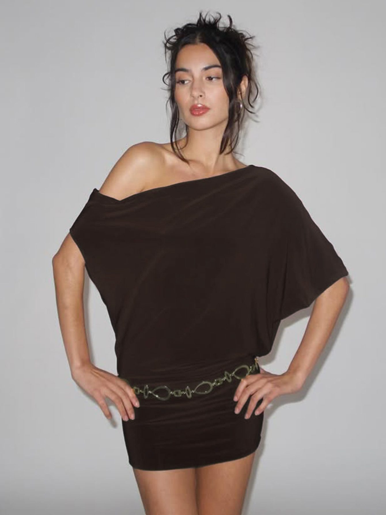 Off - the - Shoulder Irregular Sleeve Short Fitted Wrap Dress 