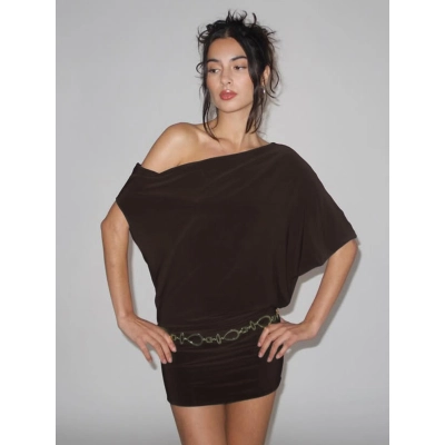 Off - the - Shoulder Irregular Sleeve Short Fitted Wrap Dress  02