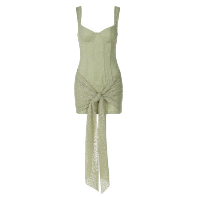 V - Neck Cinched Waist Spliced Tie - up Bustier Dress 01
