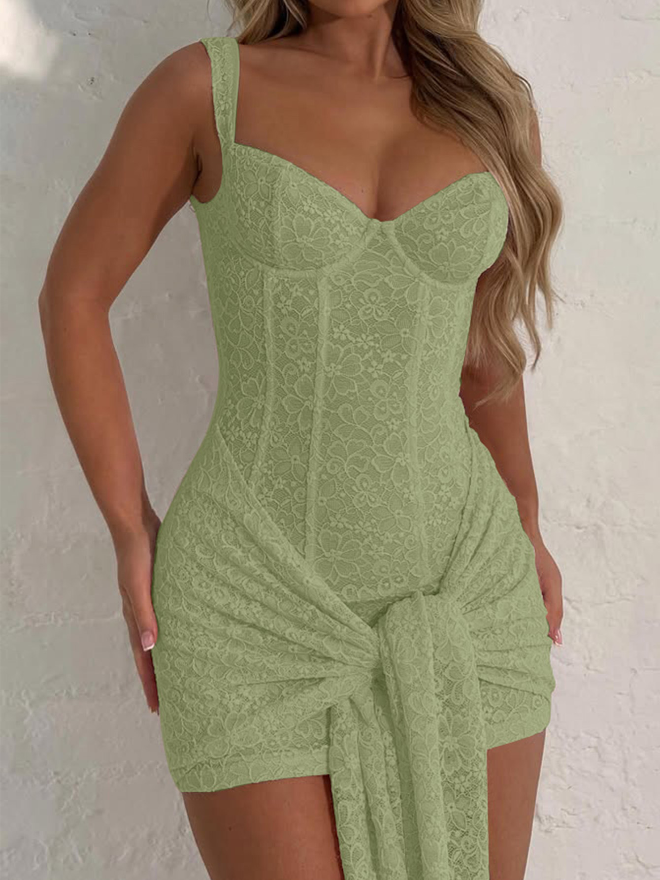 V - Neck Cinched Waist Spliced Tie - up Bustier Dress