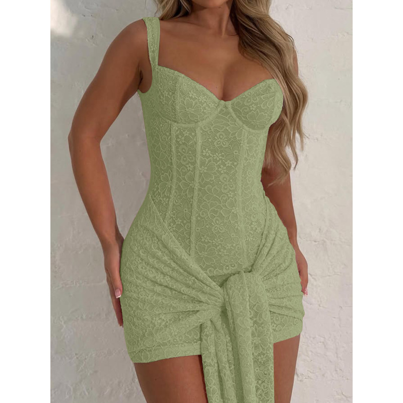 V - Neck Cinched Waist Spliced Tie - up Bustier Dress