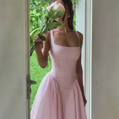 Plaid Print Waist - cinched Sexy Backless Cami Princess Dress 02