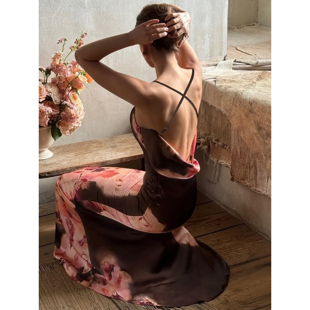 Printed Pleated Sexy Backless Tie - up Dress 