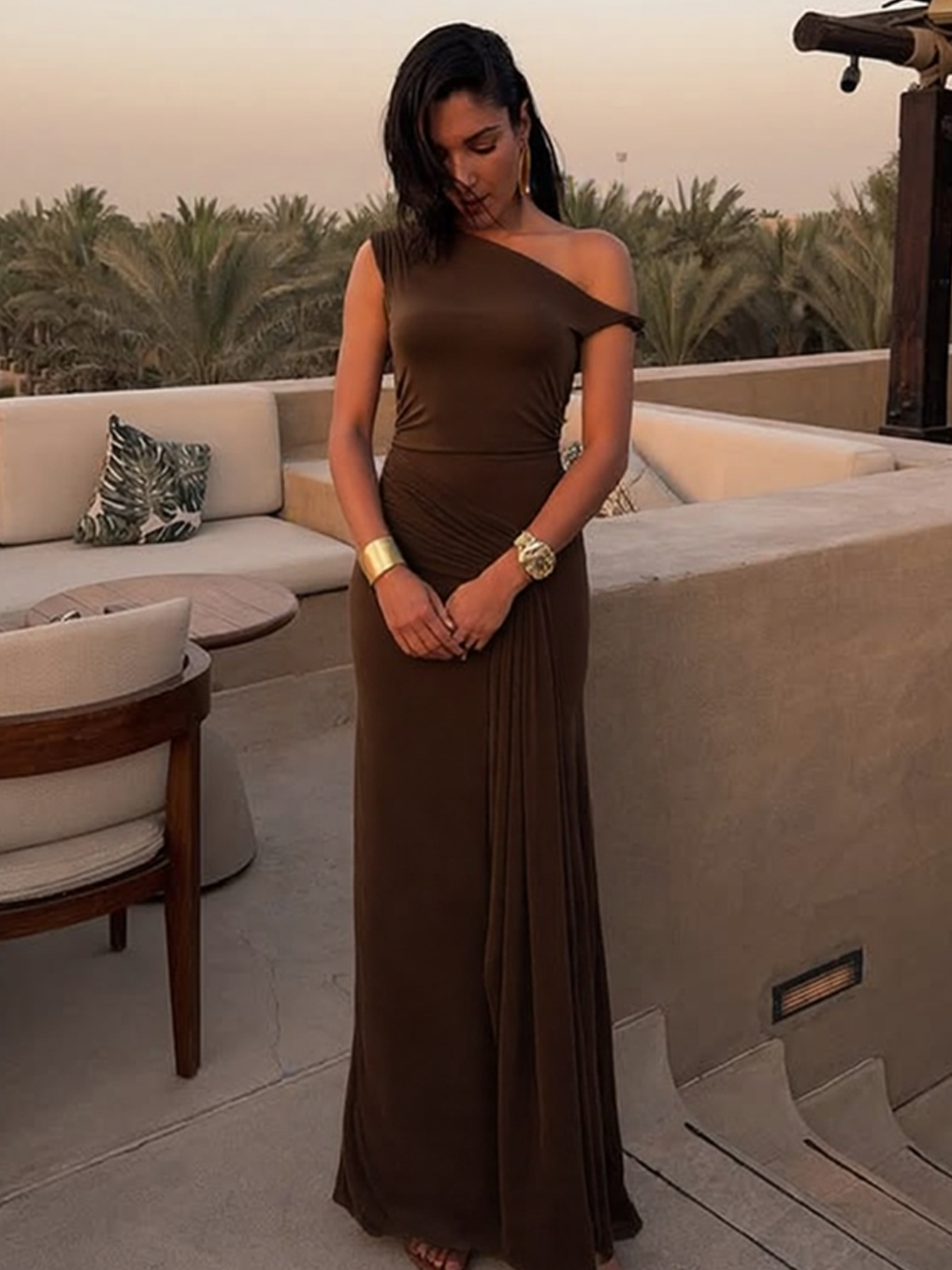 Slit - Neck Sleeveless Tie - up Solid Color Dress