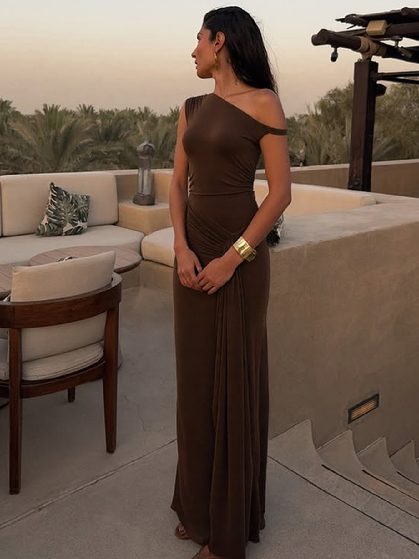 Slit - Neck Sleeveless Tie - up Solid Color Dress