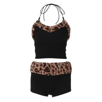 Faux - Fur Leopard Print Bodysuit Set 01
