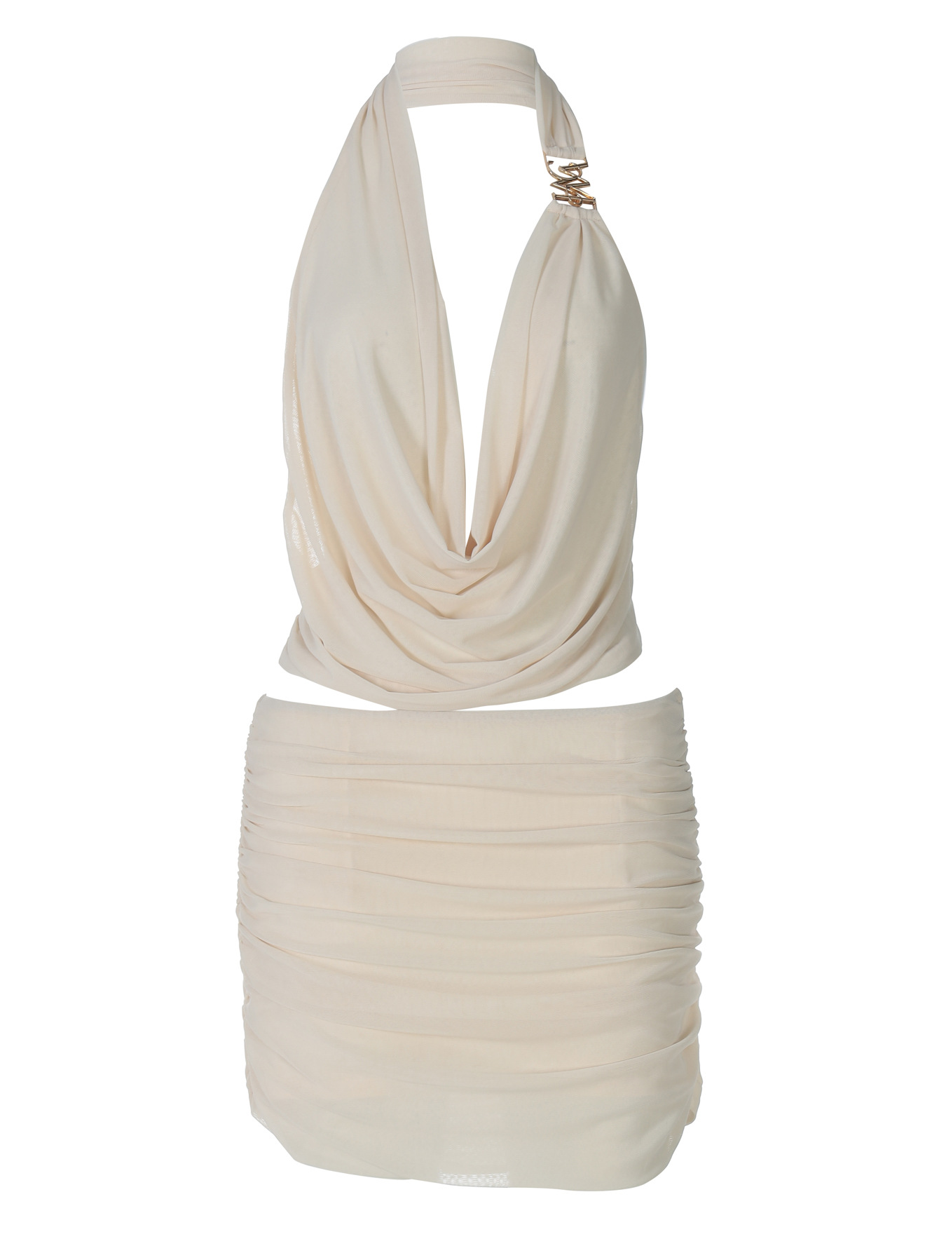 Plunging - Neck Mesh - Spliced Fitted See - through Mini Skirt Set 