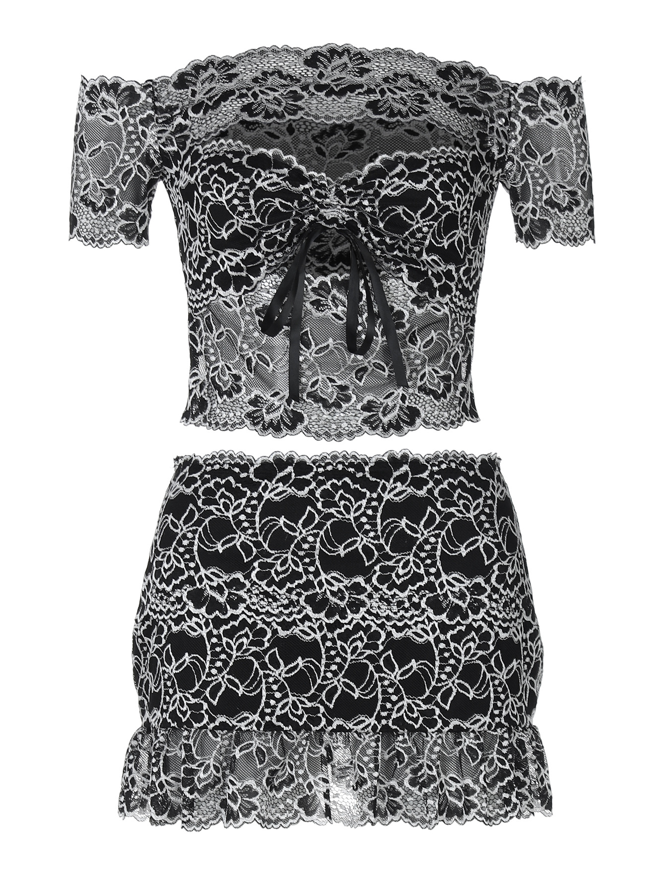 Lace - trimmed Jumpsuit with Off - the - Shoulder Set