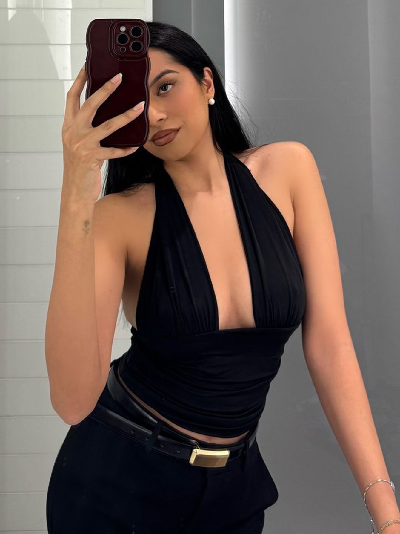 Elastic Halter V - neck Camisole with Straps 