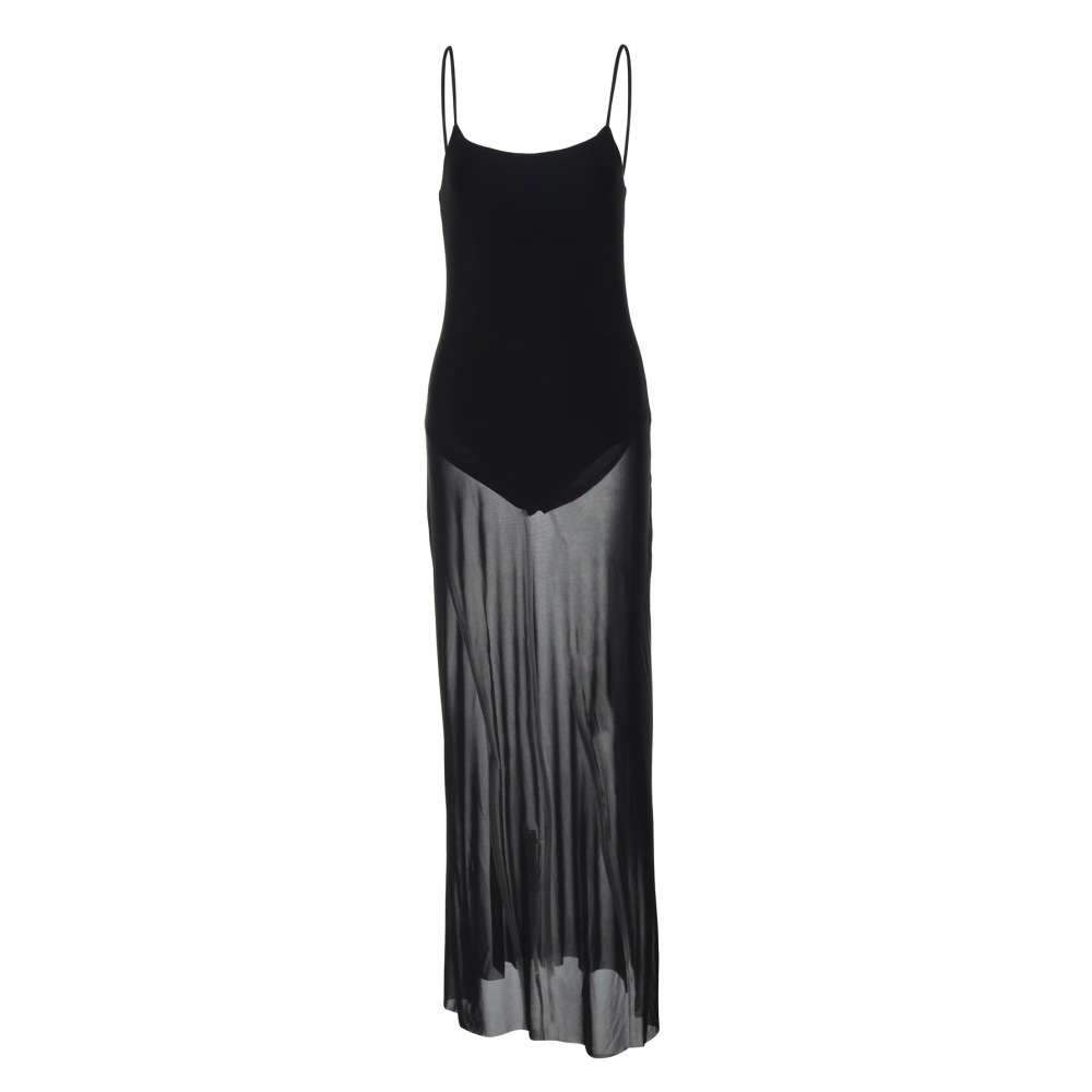 Faux - Leather Spliced Net Yarn Street - style Tube - top Dress 