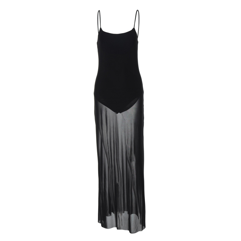 Faux - Leather Spliced Net Yarn Street - style Tube - top Dress 