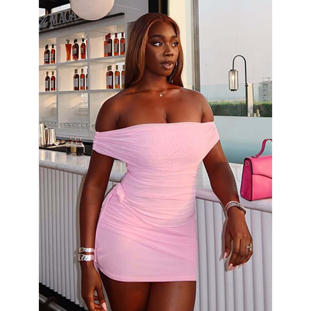 One - Shoulder Solid Color Slim - Fit Bodycon Short Dress with Ribbon