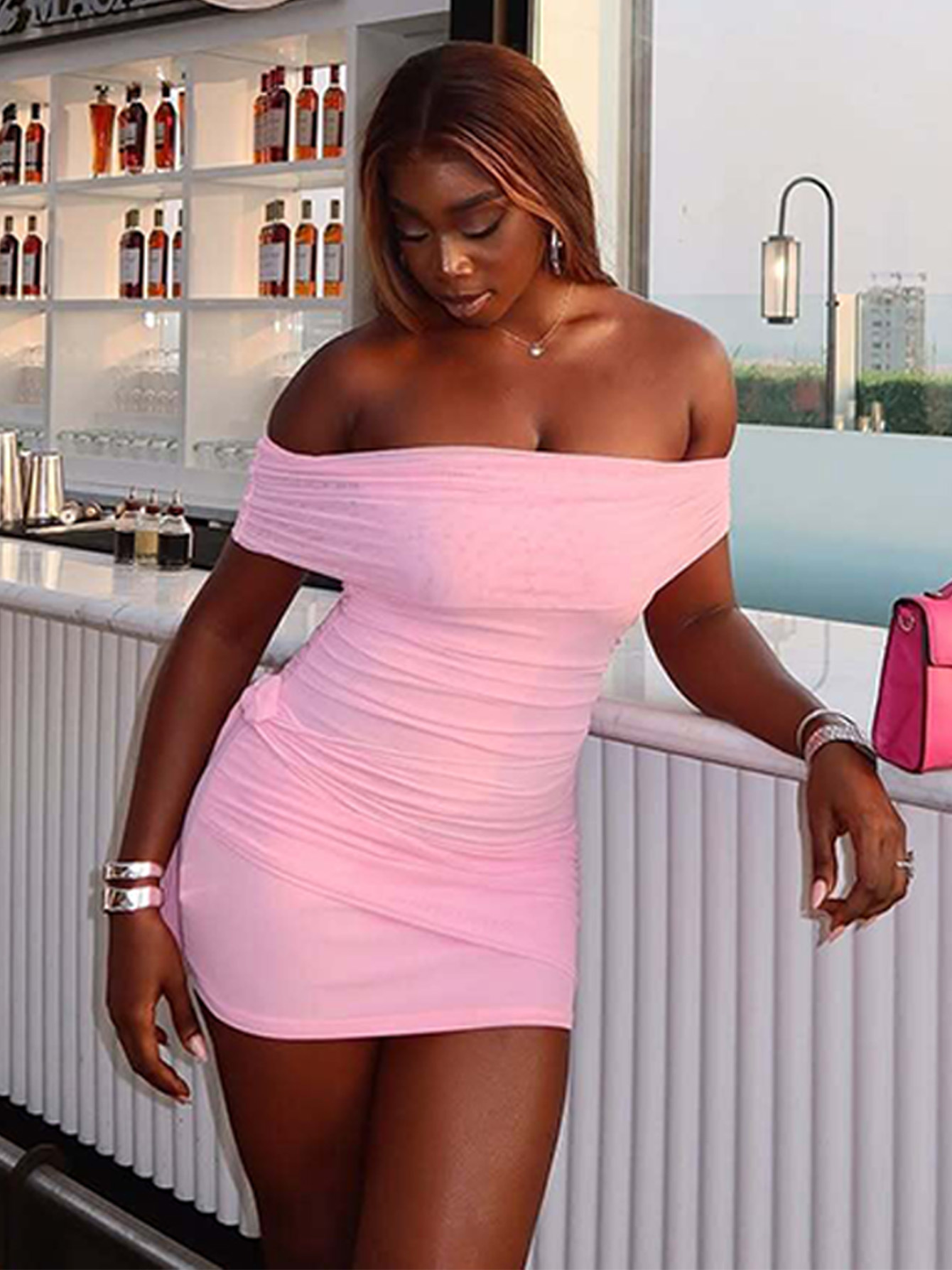 One - Shoulder Solid Color Slim - Fit Bodycon Short Dress with Ribbon