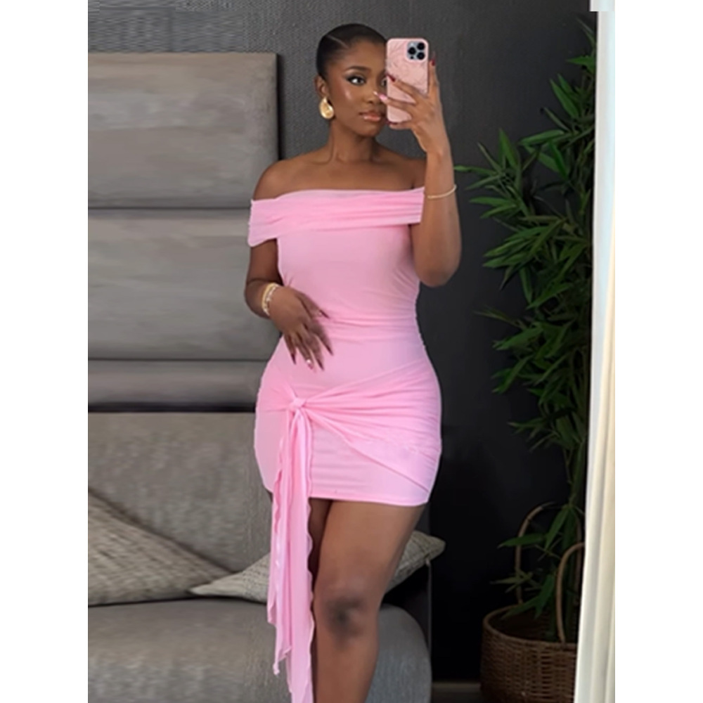 One - Shoulder Solid Color Slim - Fit Bodycon Short Dress with Ribbon
