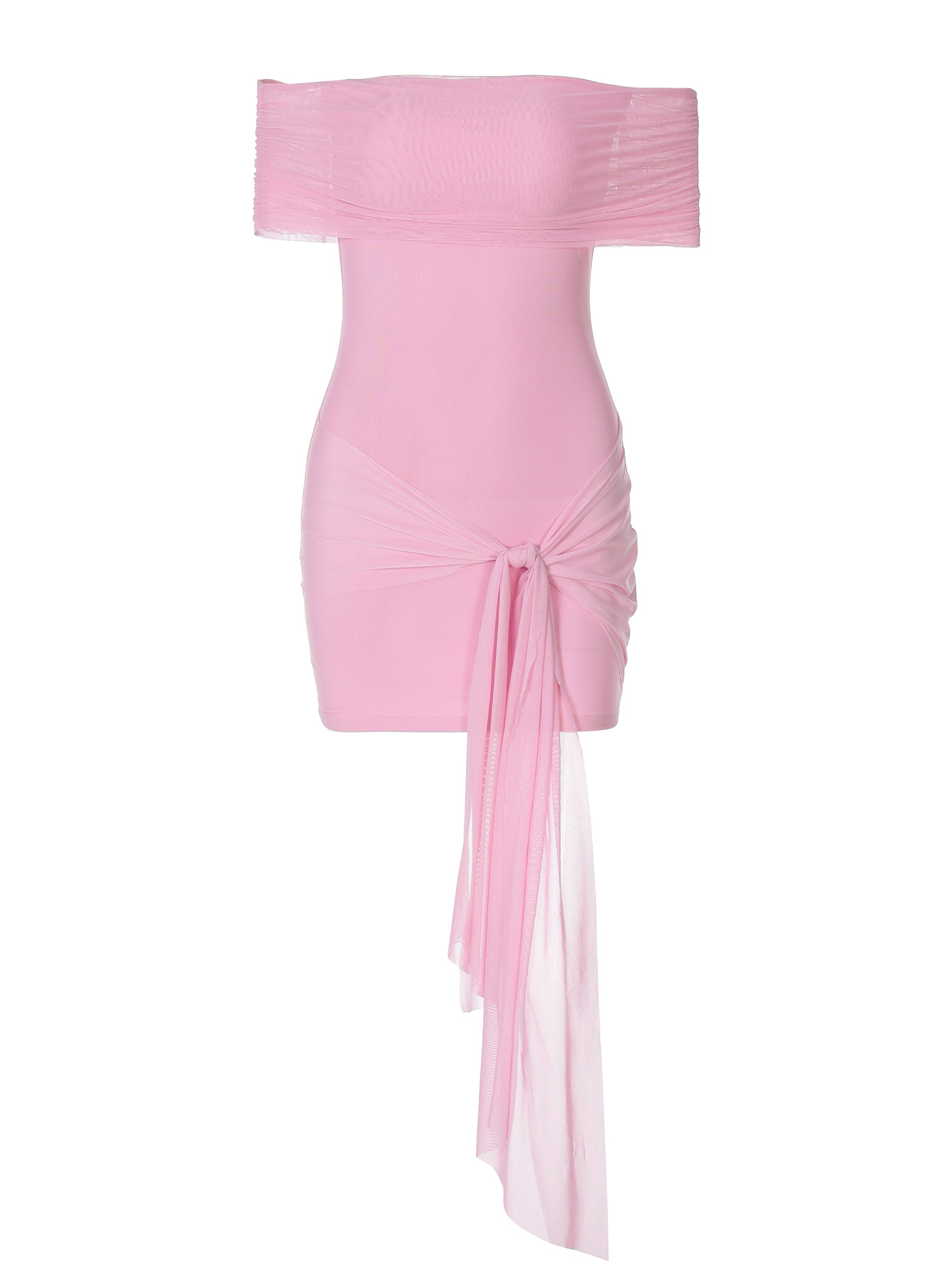 One - Shoulder Solid Color Slim - Fit Bodycon Short Dress with Ribbon