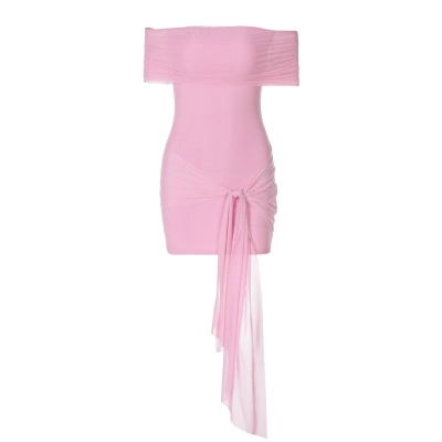 One - Shoulder Solid Color Slim - Fit Bodycon Short Dress with Ribbon 01